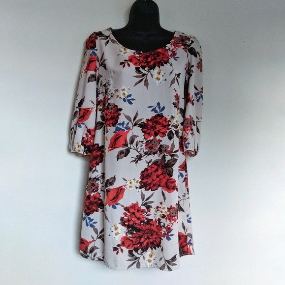 Summer SALE Floral Red Blue Dress, Mid length, Size Small, Long Sleeve Puff - Picture 5 of 8